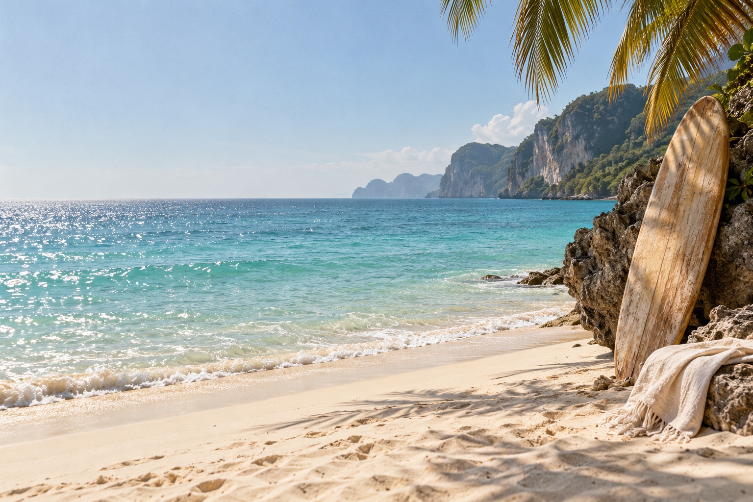 A sunlit tropical beach with turquoise water and a wooden surfboard resting beside the shore